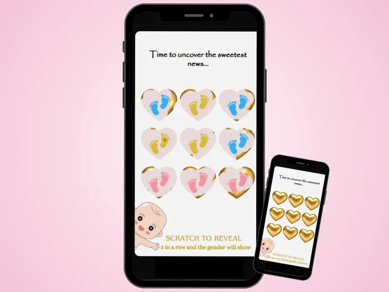 Girl gender reveal tic-tac-toe scratch game on two phones over a soft pink background, gold hearts scratched to reveal pink baby footprints