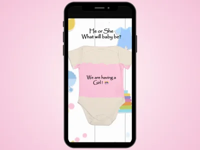 Onesie gender reveal scratch card on a phone over a soft pink background, onesie scratched to reveal We are having a Girl