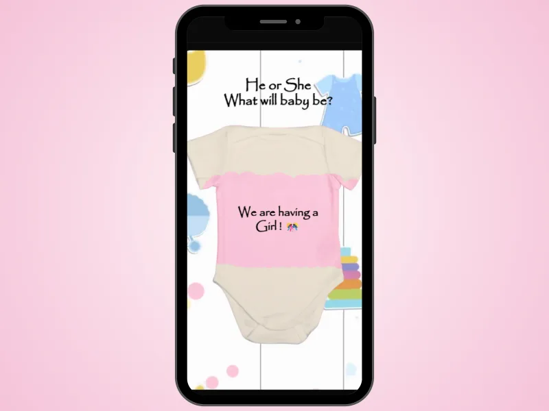 Onesie gender reveal scratch card on a phone over a soft pink background, onesie scratched to reveal We are having a Girl