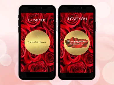 Glam rose scratch card on two phones with red rose screens, gold circle under I LOVE YOU scratched to reveal a romantic trip surprise