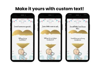 Personalized Godparent Proposal Digital Scratch Card, Baby and Gold Heart shown on a phone