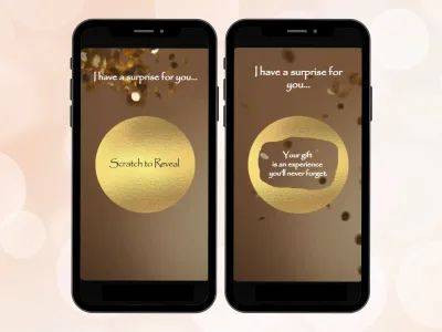 Gold confetti surprise scratch card on two phones, gold circle foil before and after scratching to reveal a gift experience message