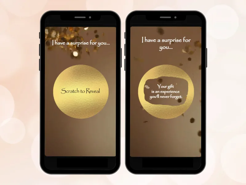 Gold confetti surprise scratch card on two phones, gold circle foil before and after scratching to reveal a gift experience message