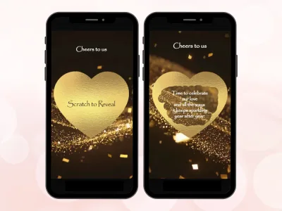 Gold heart reveal scratch card on two phones with golden glitter screens, gold heart scratched to reveal a celebration message