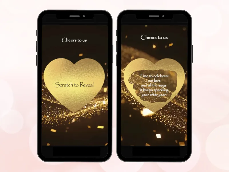 Gold heart reveal scratch card on two phones with golden glitter screens, gold heart scratched to reveal a celebration message