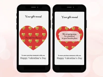 Gold hearts love scratch card on two phones, red heart foil with mini gold hearts before and after scratching to reveal a weekend getaway