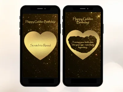 Golden glitter birthday scratch card on two phones, gold heart foil before and after scratching to reveal a birthday message