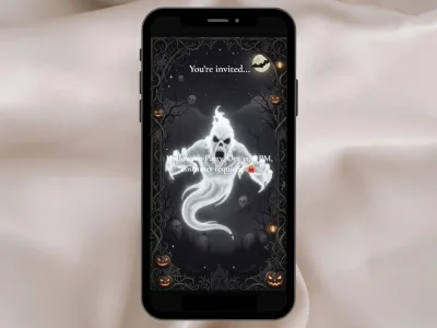 Halloween party invite scratch card on a phone: a white ghost bursts out of the gothic card under the title You're invited