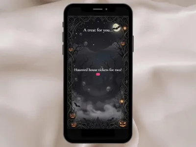 Halloween gift reveal scratch card on a phone: A treat for you, with Haunted house tickets for two revealed