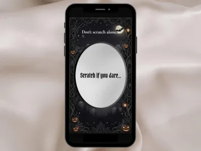 Gothic Halloween scratch card before scratching: Don't scratch alone above a silver Scratch if you dare foil