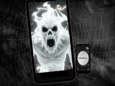 Gothic Halloween scratch card: a screaming white ghost skull bursts from a phone, next to the Scratch if you dare foil
