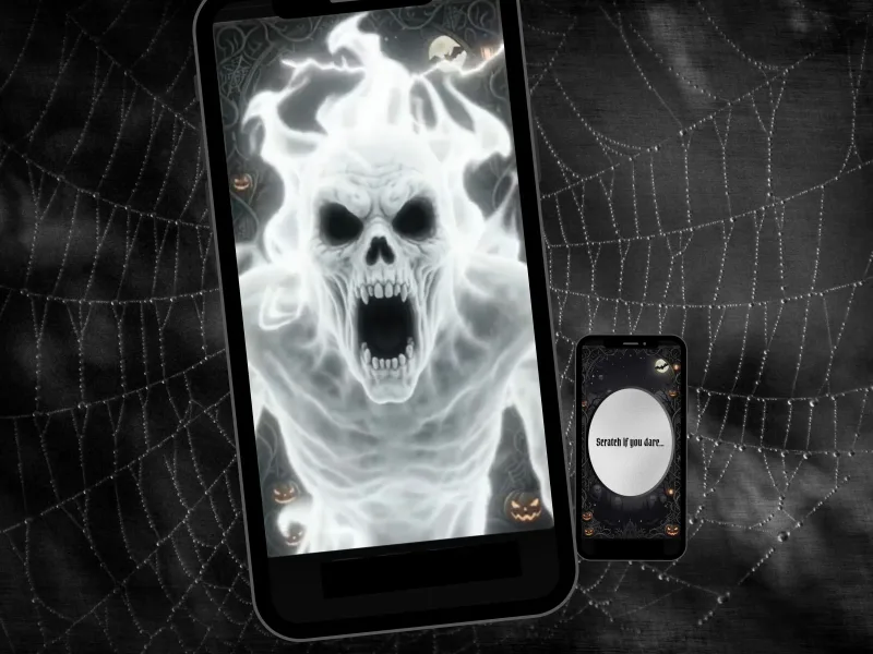 Gothic Halloween scratch card: a screaming white ghost skull bursts from a phone, next to the Scratch if you dare foil