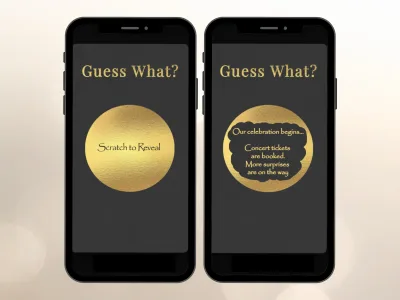 Guess What surprise reveal digital scratch card on two phones, gold circle scratched to reveal a celebration message