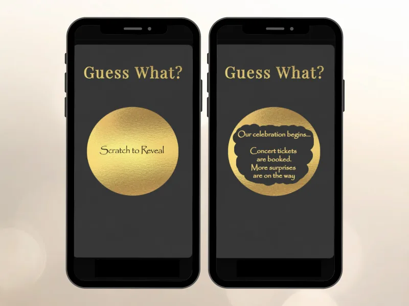 Guess What surprise reveal digital scratch card on two phones, gold circle scratched to reveal a celebration message