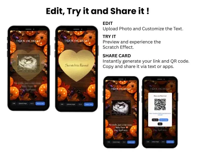Four phones showing how to edit, try and share the Halloween pregnancy scratch card as a link or QR code