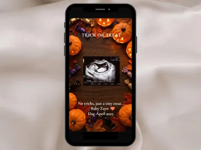 Halloween pregnancy scratch card on a phone: Trick or Treat title with the ultrasound photo revealed among pumpkins