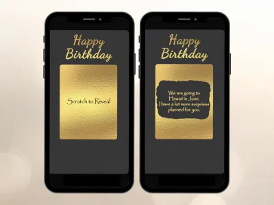 Happy Birthday digital scratch card on two phones: gold script on black with a gold scratch panel, and the revealed trip surprise message