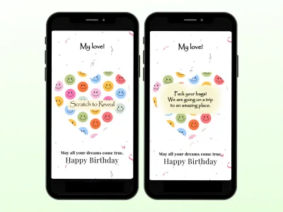 Happy Birthday smiley heart digital scratch card on two phones, colourful smiley-face heart scratched to reveal a trip surprise