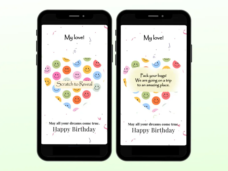 Happy Birthday smiley heart digital scratch card on two phones, colourful smiley-face heart scratched to reveal a trip surprise