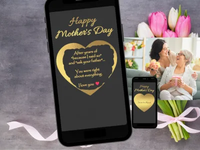Happy Mother's Day gold heart scratch card on a phone revealing a heartfelt message for Mum, with a second phone showing the gold Scratch to Reveal heart, beside tulips and a mother and daughter