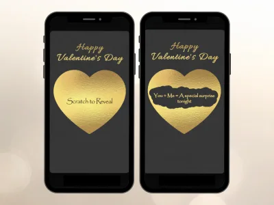 Happy Valentine's Day digital scratch card on two phones, gold heart scratched to reveal a surprise message