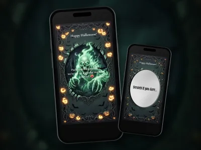 Haunted ghost Halloween scratch card on two phones: a glowing green ghost bursts from a haunted castle around a Happy Halloween trip message, beside the silver foil before scratching