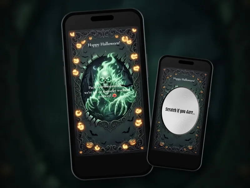 Haunted ghost Halloween scratch card on two phones: a glowing green ghost bursts from a haunted castle around a Happy Halloween trip message, beside the silver foil before scratching