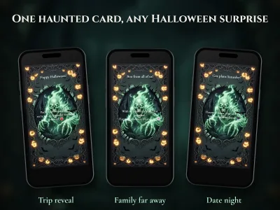 Three phones showing the haunted ghost Halloween scratch card used for a trip reveal, a Happy Halloween message to Grandma and a haunted house date night