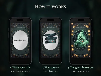How the haunted ghost Halloween scratch card works: write your title and message, they scratch the silver foil, then the gree