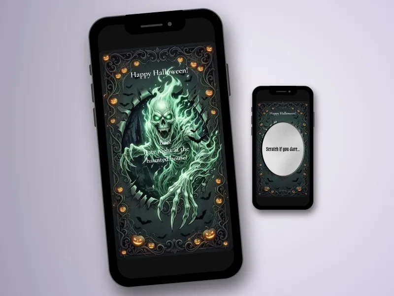 Haunted ghost Halloween scratch card on a phone, green ghost and Happy Halloween message revealed, beside the silver foil