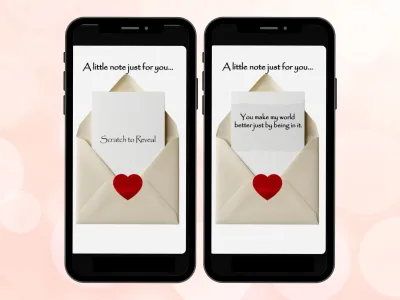 Hidden love note scratch card on two phones, note card in a cream envelope with a red heart scratched to reveal a sweet love message