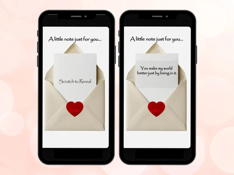 Hidden love note scratch card on two phones, note card in a cream envelope with a red heart scratched to reveal a sweet love message