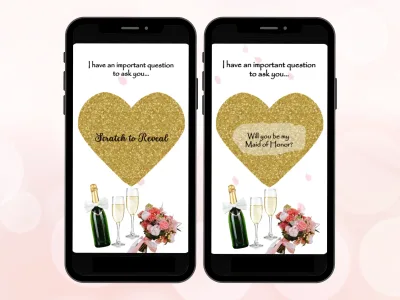 Important question scratch card on two phones, gold glitter heart foil with champagne and flowers, before and after scratching to reveal the question
