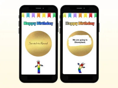Interactive birthday scratch card on two phones with rainbow bunting, gold foil circle scratched to reveal a surprise trip message and a dancing rainbow figure
