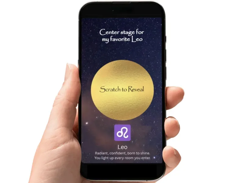 Leo zodiac birthday scratch card with a starry night sky and a glowing gold circle
