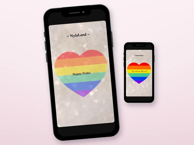 Love is love rainbow heart scratch card on silver glitter, shown revealed and unscratched on two phones