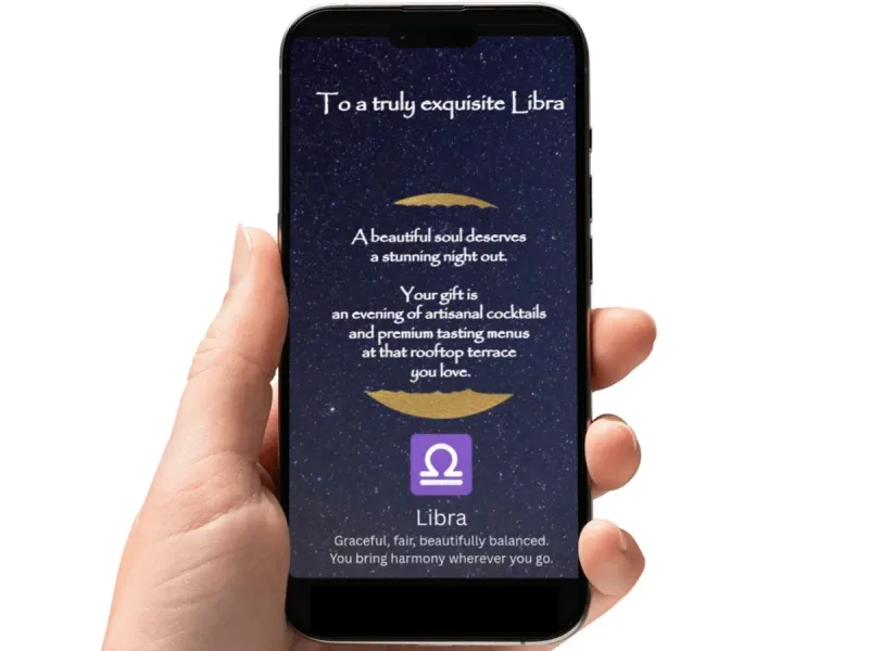 Libra zodiac birthday scratch card with a starry night sky and a glowing gold circle