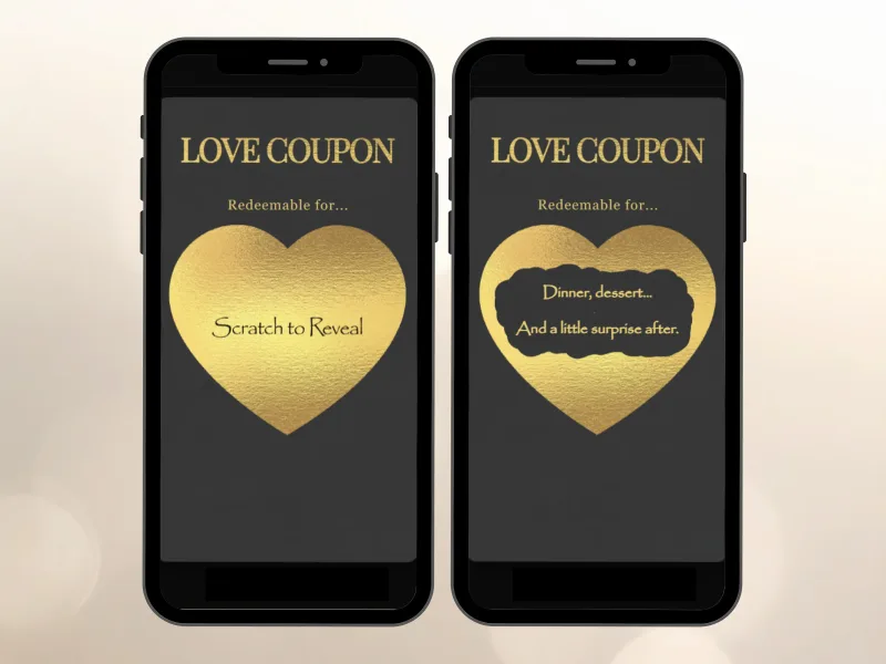 Love coupon digital scratch card on two phones, gold heart scratched to reveal a date night message