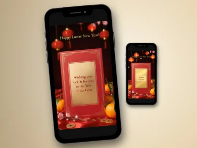 Lunar New Year red envelope scratch card on a phone, gold card revealed with a Year of the Goat wish