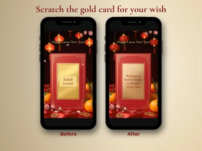Before and after: gold card foil on the red envelope, then the Year of the Goat wish revealed