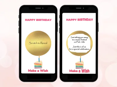 Make a Wish birthday digital scratch card on two phones, gold circle above a cupcake candle scratched to reveal a birthday trip surprise
