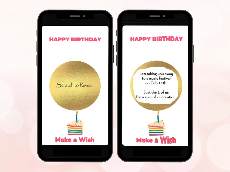 Make a Wish birthday digital scratch card on two phones, gold circle above a cupcake candle scratched to reveal a birthday trip surprise