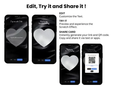 How to personalise the silver heart black satin love card: edit, try and share