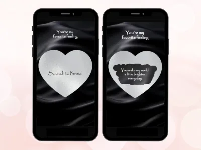 Modern love scratch card on two phones with black satin screens, silver heart scratched to reveal a sweet love note
