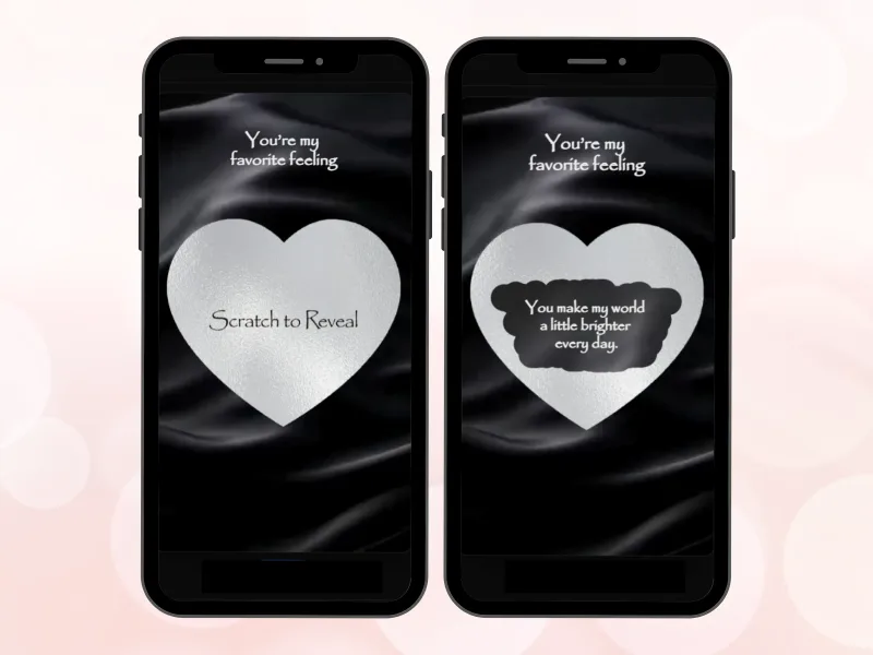 Modern love scratch card on two phones with black satin screens, silver heart scratched to reveal a sweet love note