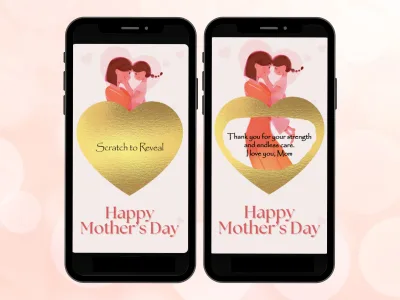Happy Mother's Day digital scratch card on two phones: a mother and child illustration above a gold heart to scratch, and the revealed thank you message for Mom