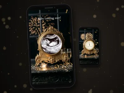 New Year pregnancy announcement photo scratch card on a phone, ultrasound revealed inside a gold clock with fireworks