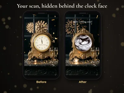 Before and after: gold clock face foil on the New Year card, then the ultrasound scan and Baby coming 2027 message revealed