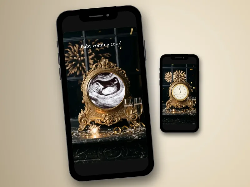 New Year pregnancy announcement photo scratch card on a phone, ultrasound revealed inside a gold clock with fireworks
