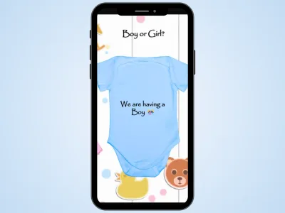 Onesie gender reveal scratch card on a phone over a soft blue background, scratched to show a blue onesie and It's a Boy